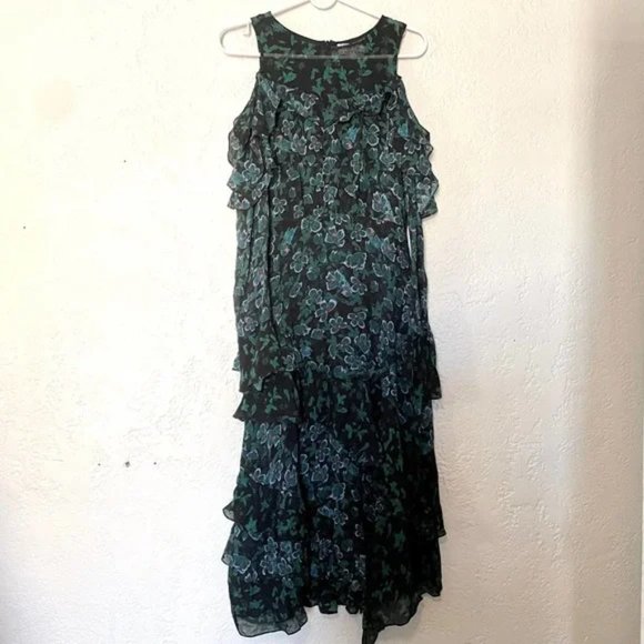 Tanya Taylor Green Floral Althea Silk Ruffle Midi Cold Shoulder Dress whimsigoth - Picture 4 of 13